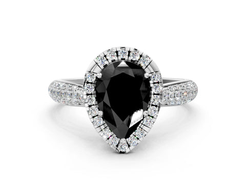 White gold Fancy Black Pear Cut Halo Diamond Ring with Pavé Band_12