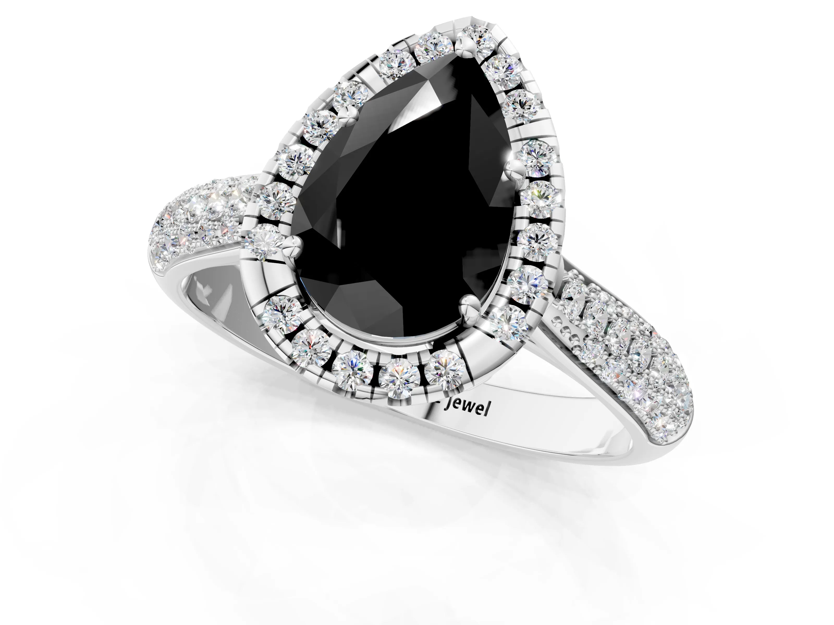 White gold Fancy Black Pear Cut Halo Diamond Ring with Pavé Band_13