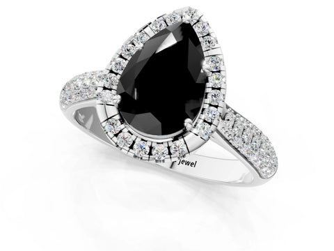 White gold Fancy Black Pear Cut Halo Diamond Ring with Pavé Band_13