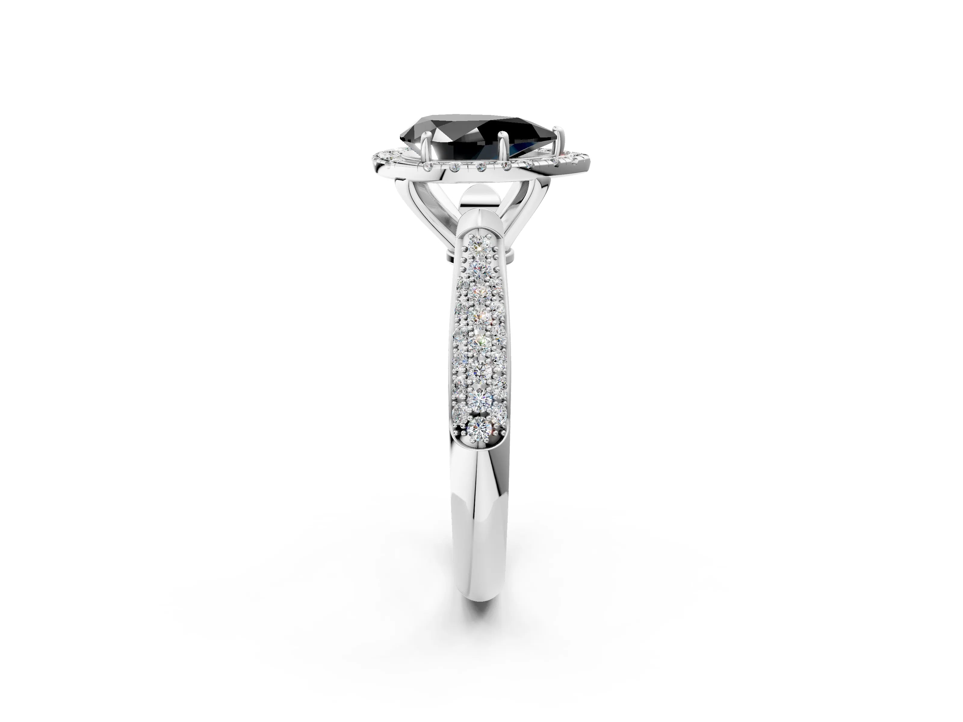 White gold Fancy Black Pear Cut Halo Diamond Ring with Pavé Band_14