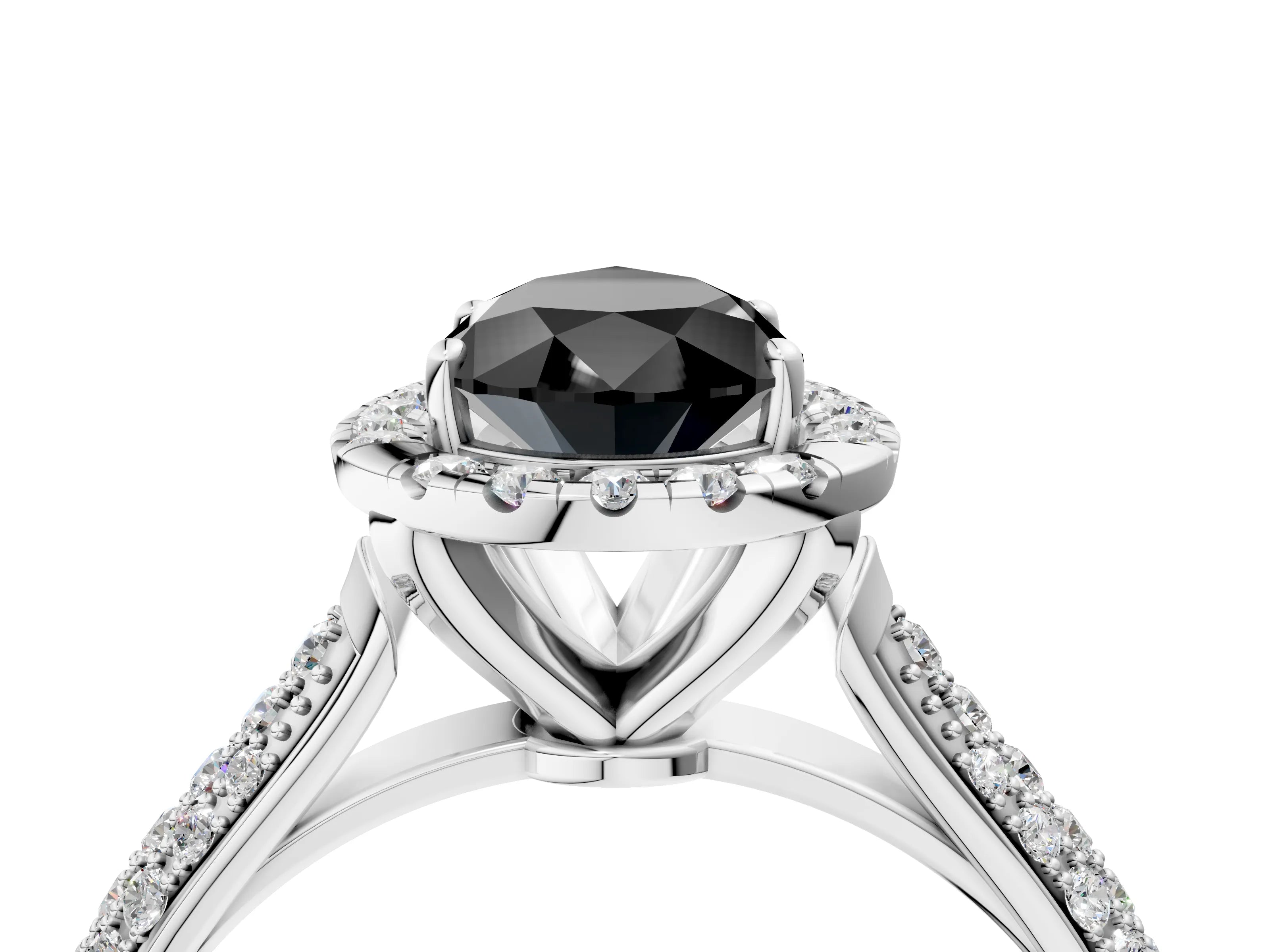 White gold Fancy Black Pear Cut Halo Diamond Ring with Pavé Band_16