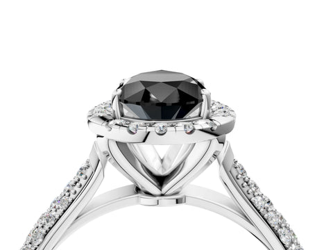 White gold Fancy Black Pear Cut Halo Diamond Ring with Pavé Band_16