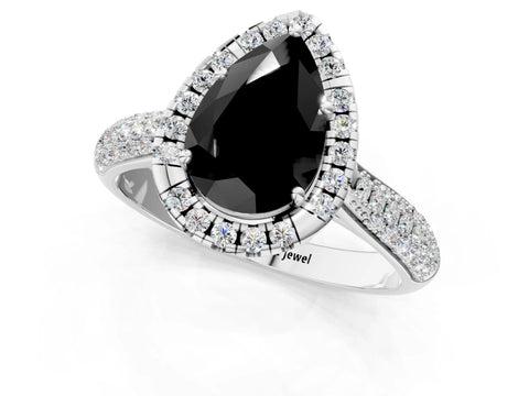 White gold Fancy Black Pear Cut Halo Diamond Ring with Pavé Band_1