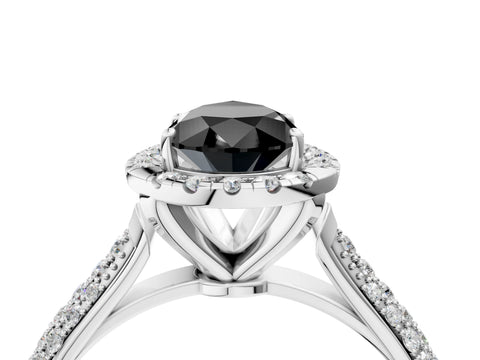 White gold Fancy Black Pear Cut Halo Diamond Ring with Pavé Band_4