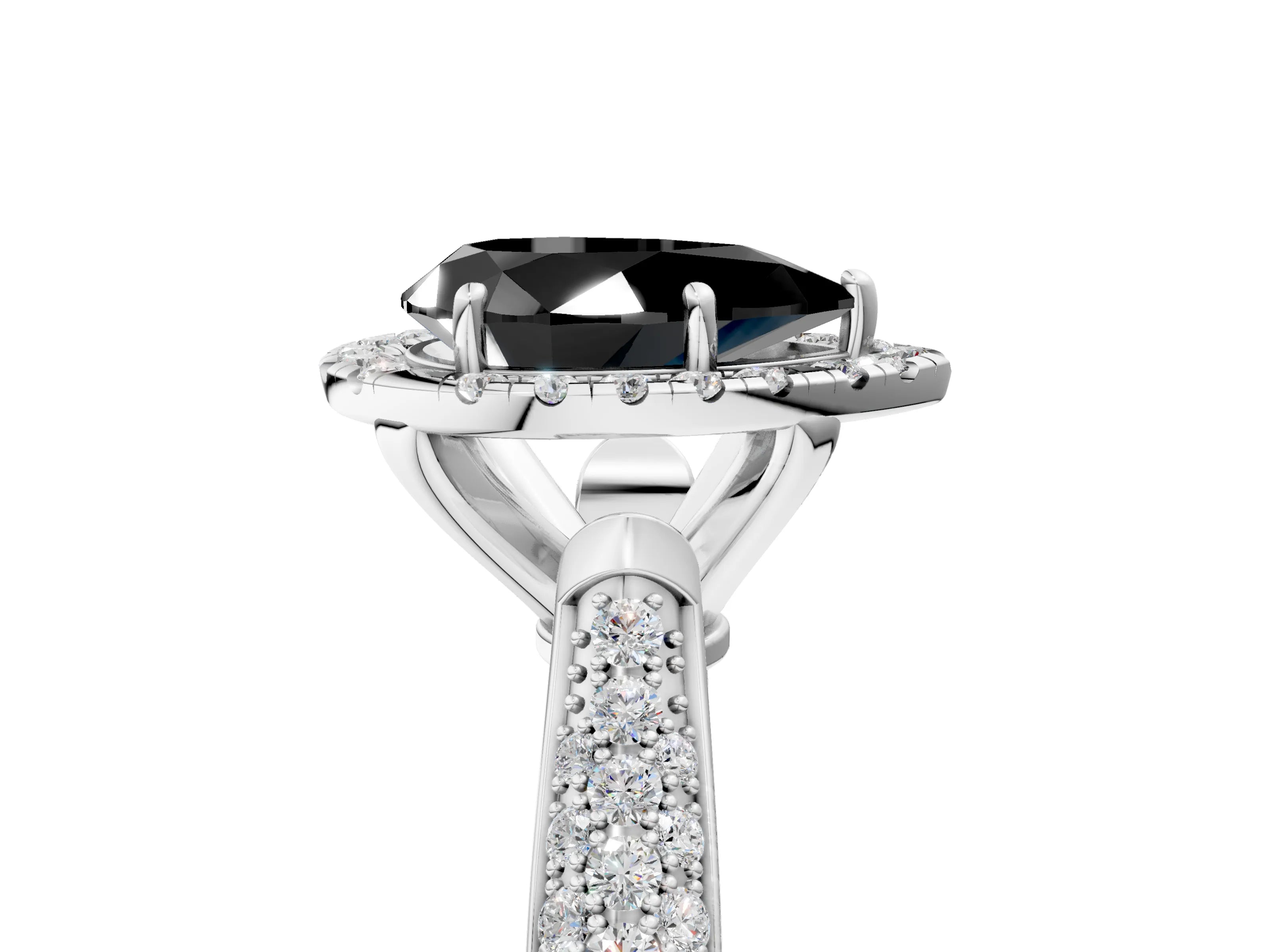 White gold Fancy Black Pear Cut Halo Diamond Ring with Pavé Band_5