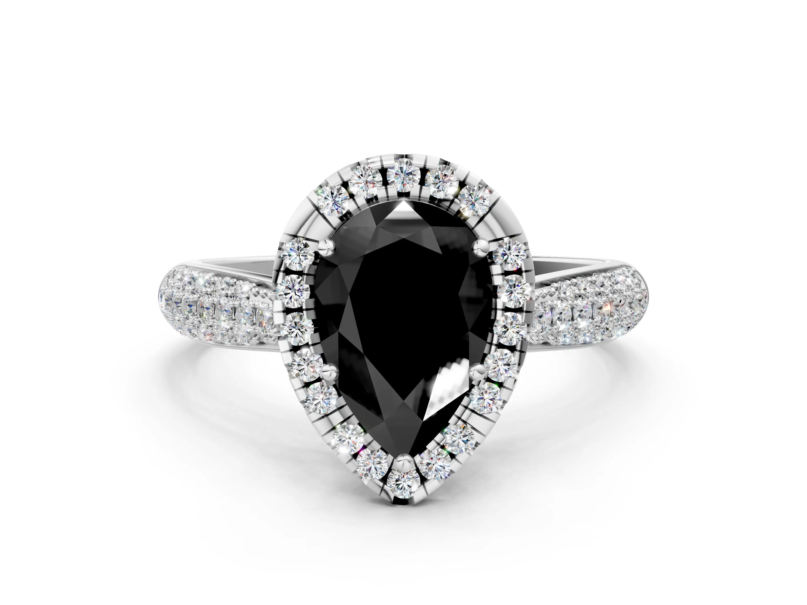 White gold Fancy Black Pear Cut Halo Diamond Ring with Pavé Band