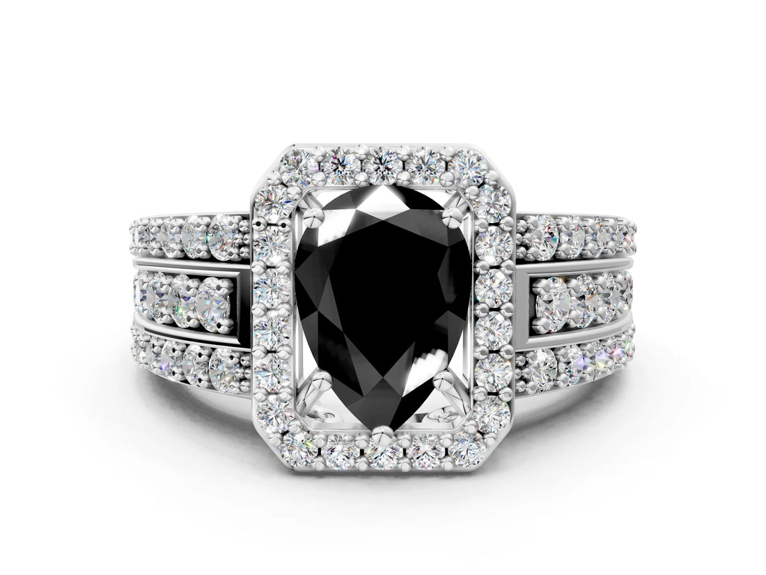 White gold Fancy Black Pear Cut Halo Diamond Ring with Round  Split Shank and Prong Setting_48