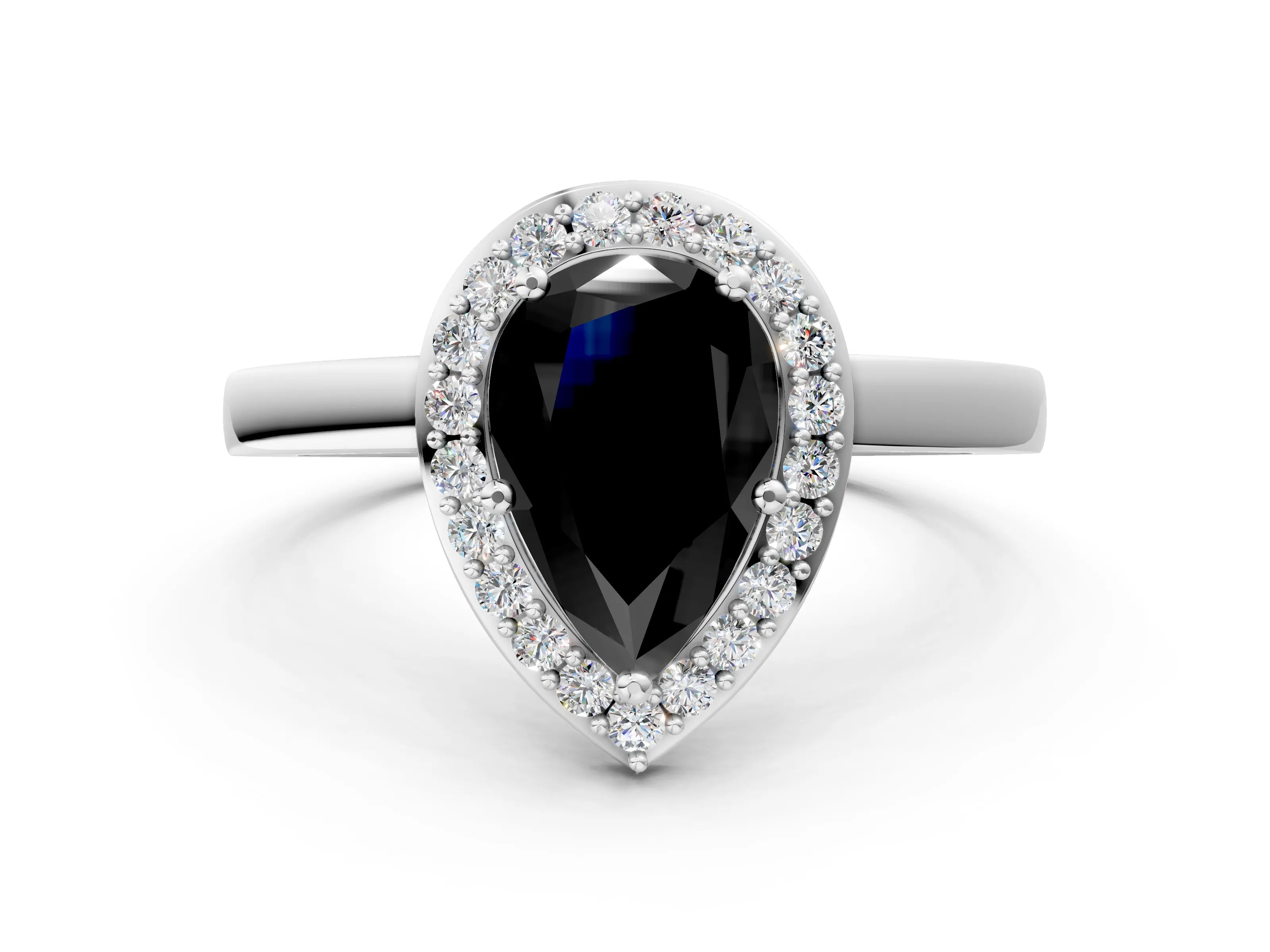 White gold Fancy Black Pear Cut Halo Diamond Ring with Solitaire Band and Prong Setting_24