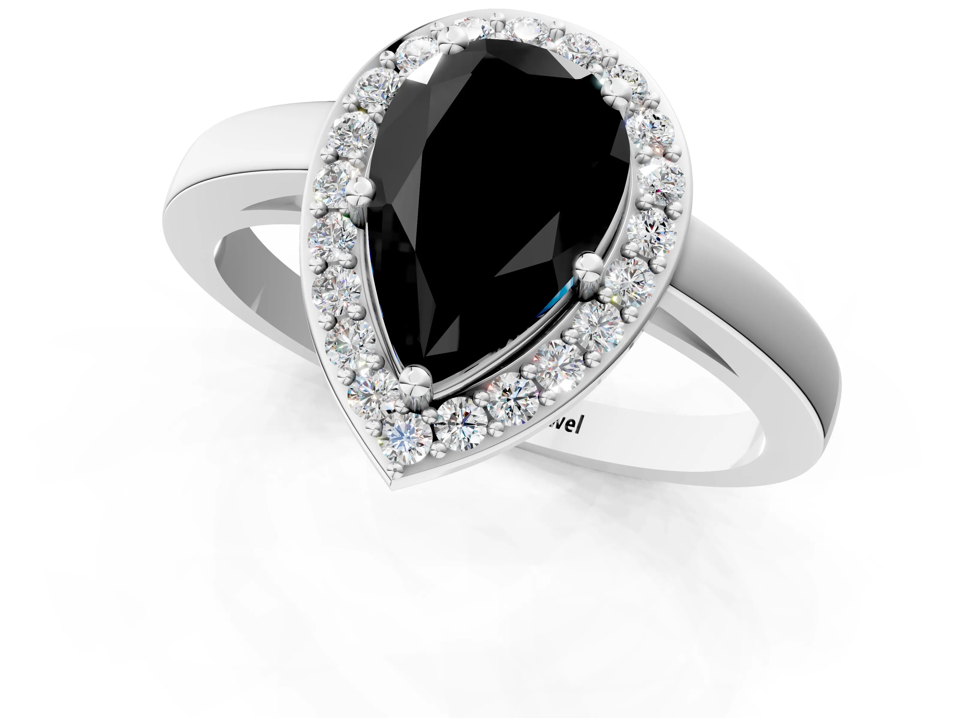 White gold Fancy Black Pear Cut Halo Diamond Ring with Solitaire Band and Prong Setting_25