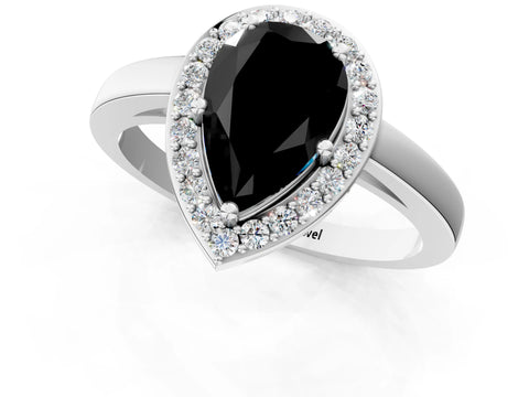 White gold Fancy Black Pear Cut Halo Diamond Ring with Solitaire Band and Prong Setting_25