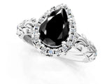 White gold Fancy Black Pear Cut Halo Diamond Solitaire with Filigree Band and Four-Prong Setting_1