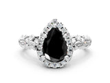 White gold Fancy Black Pear Cut Halo Diamond Solitaire with Filigree Band and Four-Prong Setting