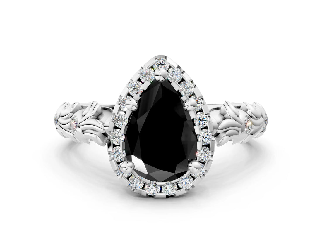 White gold Fancy Black Pear Cut Halo Diamond Solitaire with Filigree Band and Four-Prong Setting