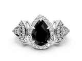 White gold Fancy Black Pear Cut Halo Diamond Split Shank Engagement Ring with Four-Prong Setting