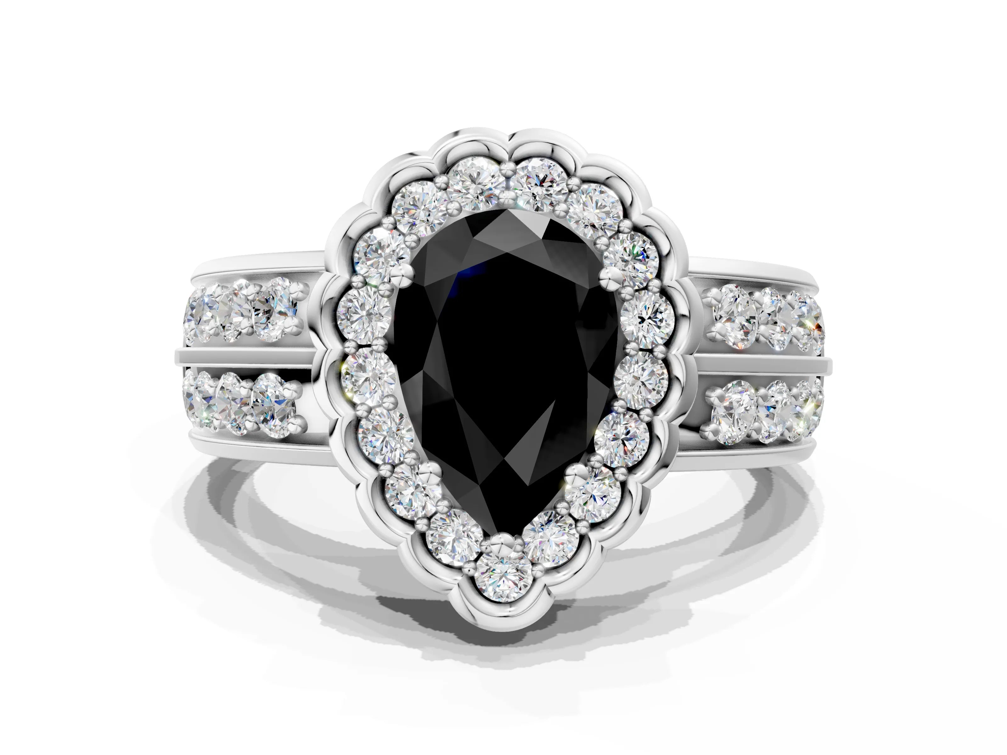 White gold Fancy Black Pear Cut Halo Diamond Split Shank Ring with Scalloped Prong Setting_12