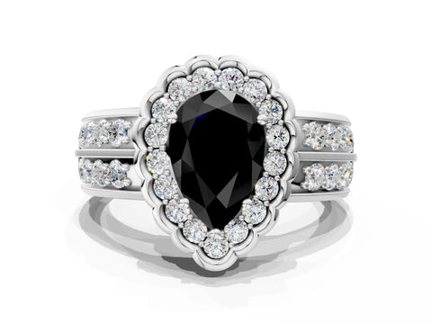 White gold Fancy Black Pear Cut Halo Diamond Split Shank Ring with Scalloped Prong Setting_12