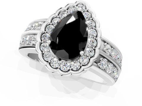 White gold Fancy Black Pear Cut Halo Diamond Split Shank Ring with Scalloped Prong Setting_13