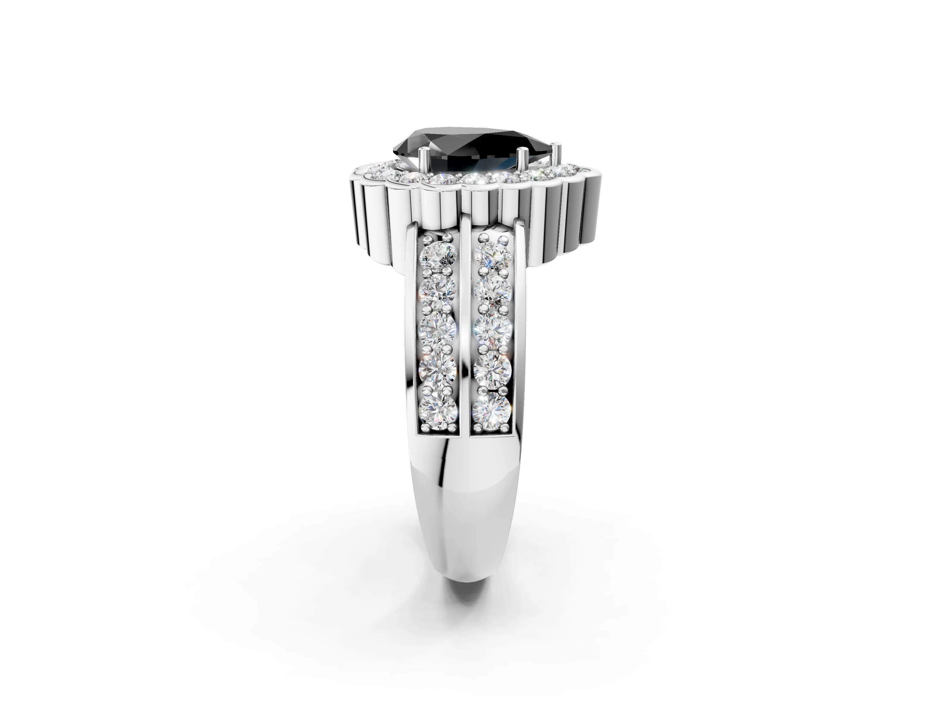 White gold Fancy Black Pear Cut Halo Diamond Split Shank Ring with Scalloped Prong Setting_14