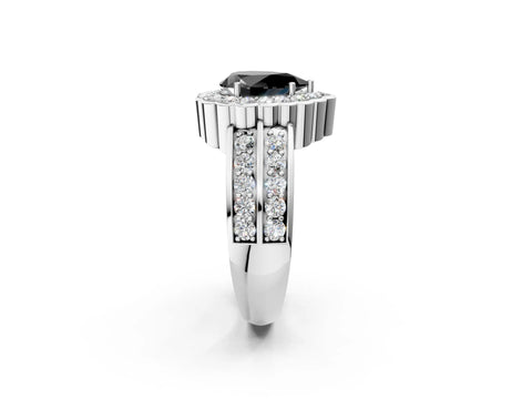 White gold Fancy Black Pear Cut Halo Diamond Split Shank Ring with Scalloped Prong Setting_14