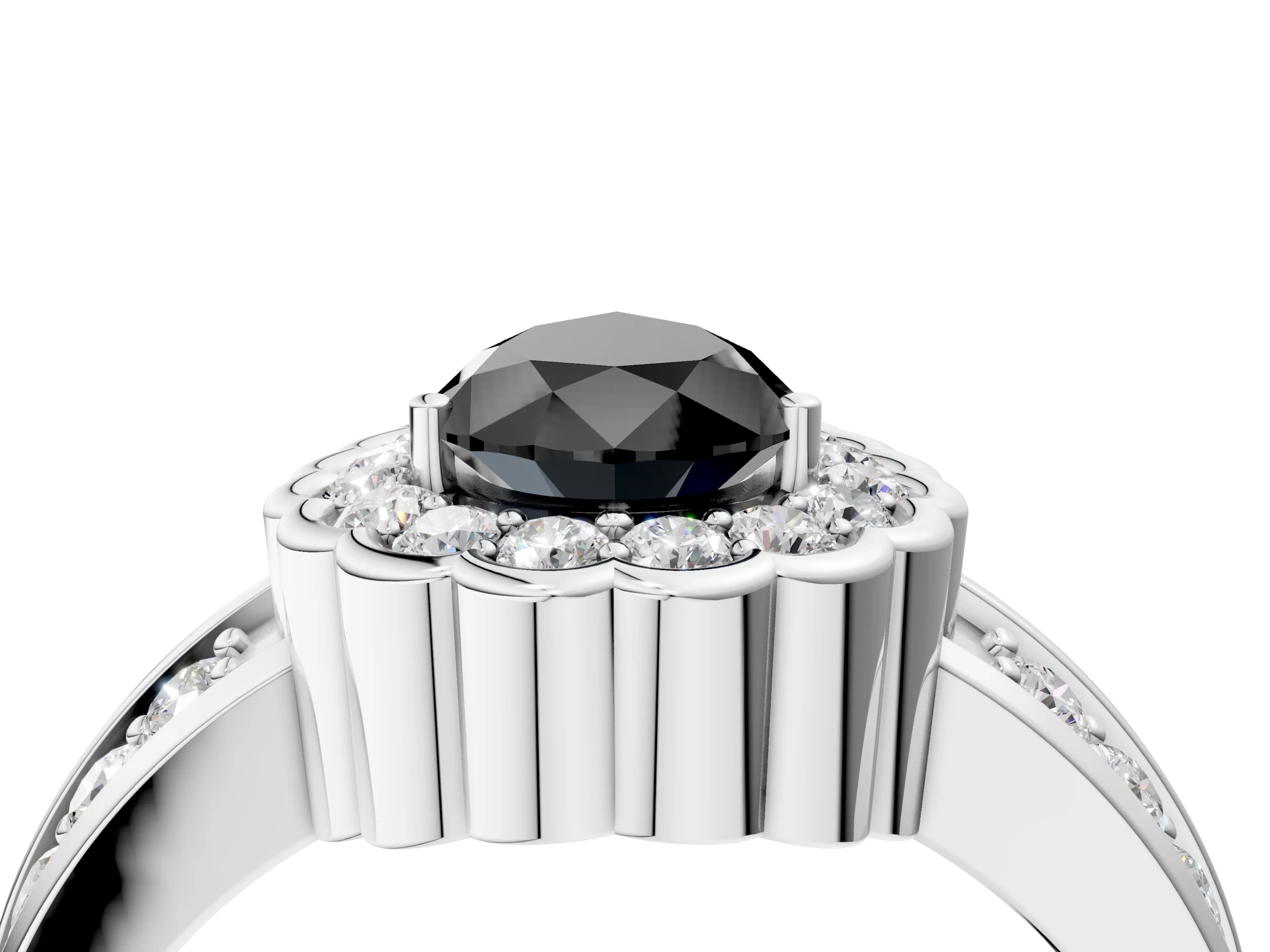 White gold Fancy Black Pear Cut Halo Diamond Split Shank Ring with Scalloped Prong Setting_16