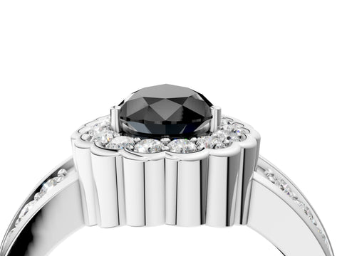 White gold Fancy Black Pear Cut Halo Diamond Split Shank Ring with Scalloped Prong Setting_16