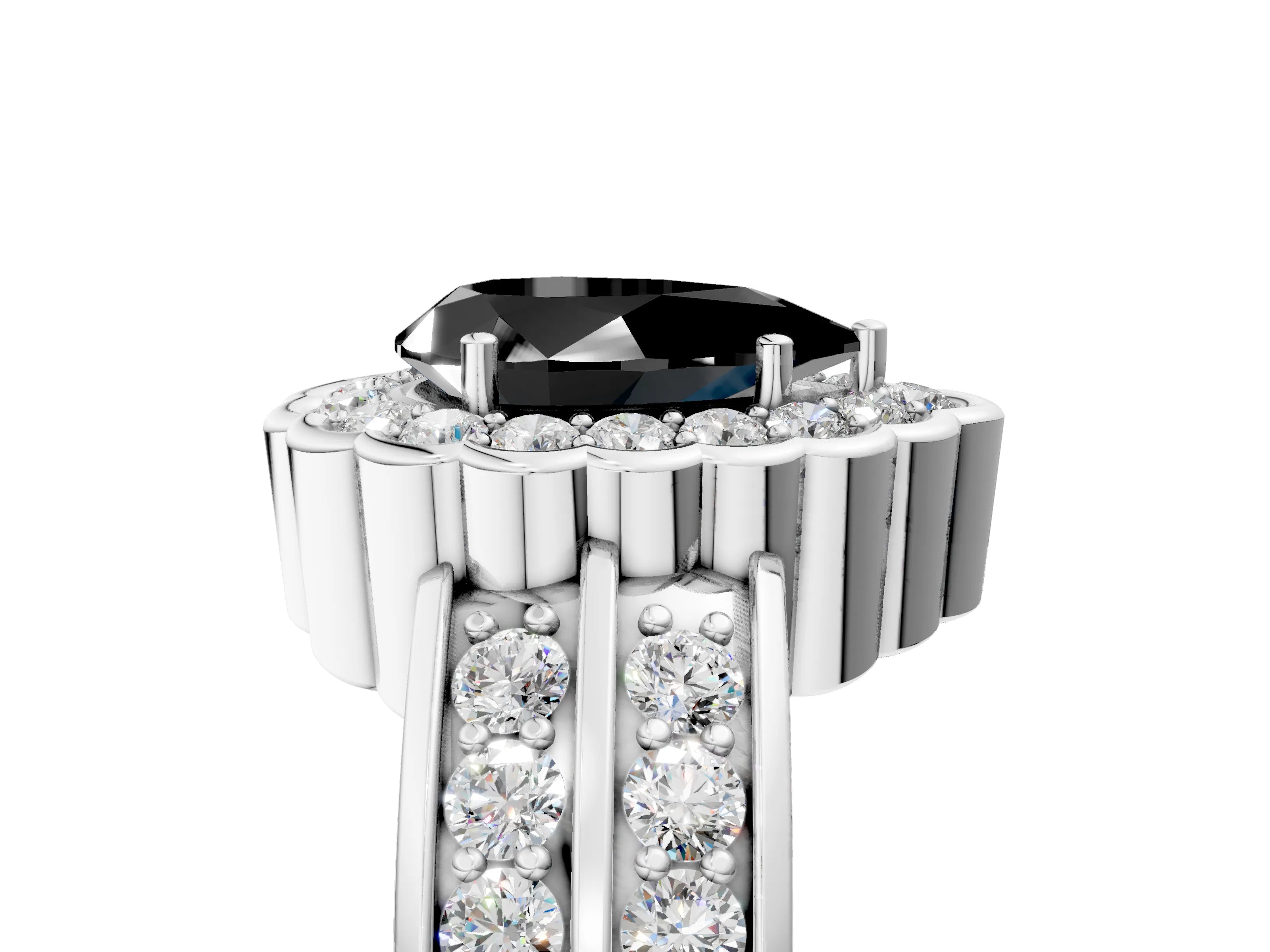 White gold Fancy Black Pear Cut Halo Diamond Split Shank Ring with Scalloped Prong Setting_17