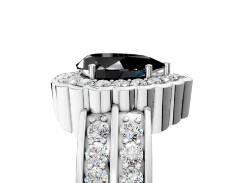 White gold Fancy Black Pear Cut Halo Diamond Split Shank Ring with Scalloped Prong Setting_17