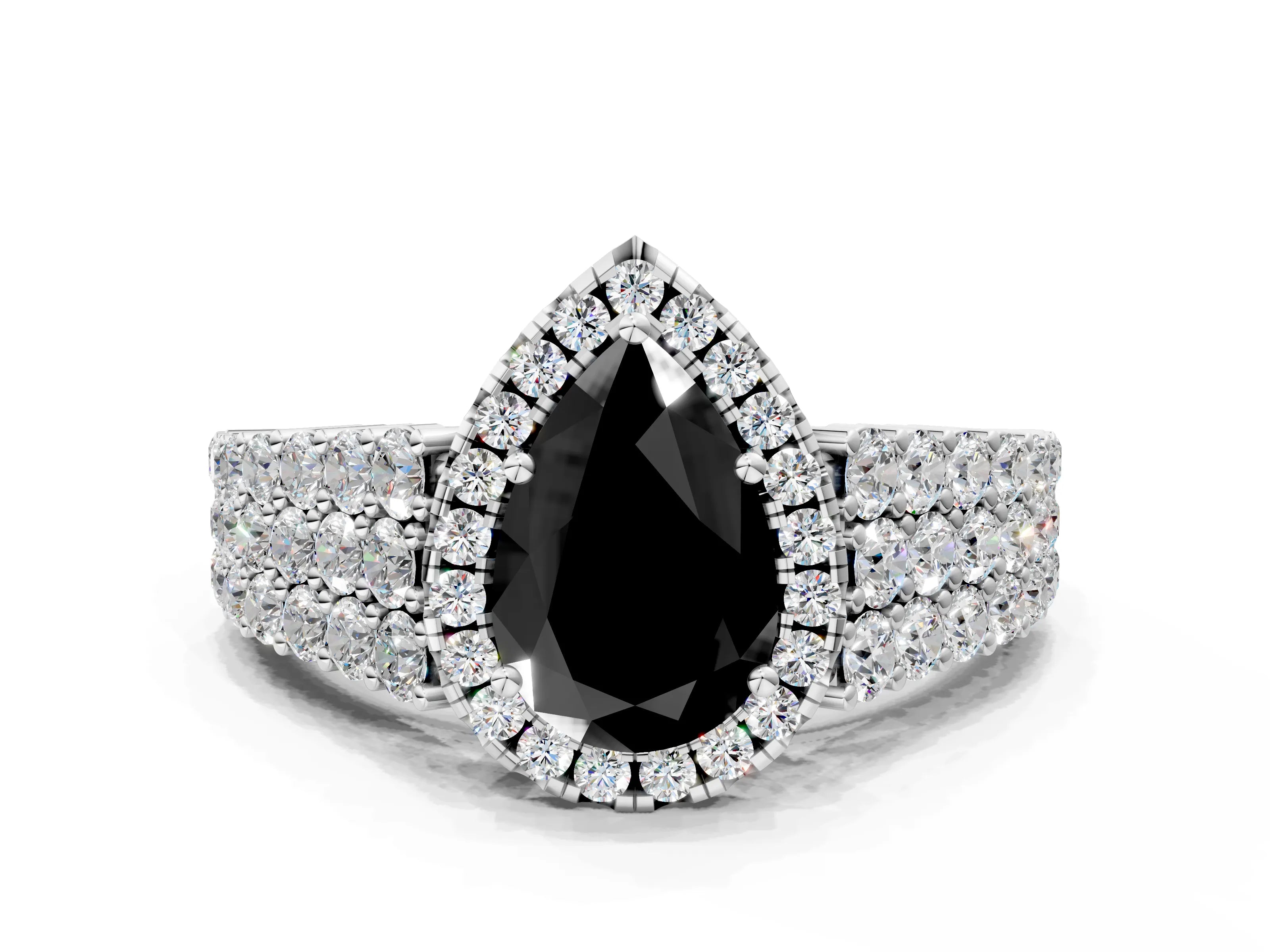 White gold Fancy Black Pear Cut Halo Pavé Diamond Engagement Ring with Split Shank and Four-Prong Setting_3