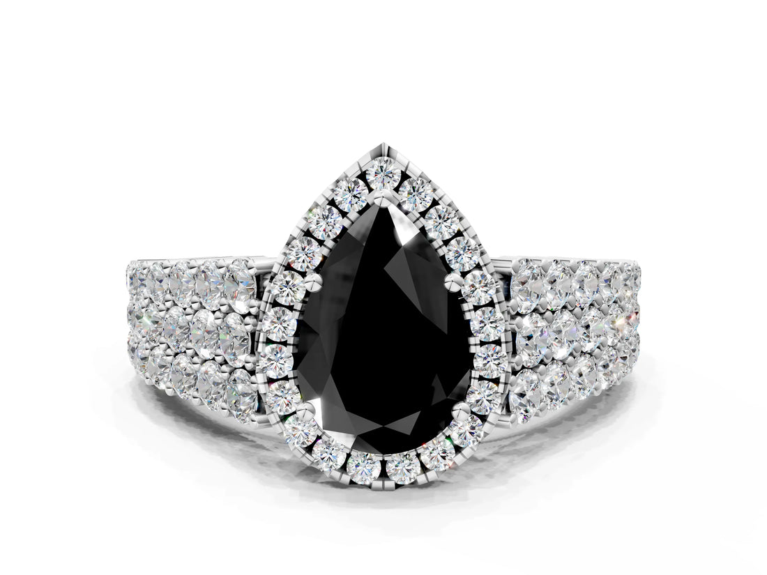 White gold Fancy Black Pear Cut Halo Pavé Diamond Engagement Ring with Split Shank and Four-Prong Setting_3