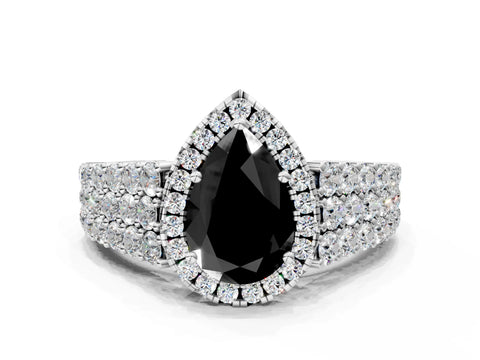 White gold Fancy Black Pear Cut Halo Pavé Diamond Engagement Ring with Split Shank and Four-Prong Setting_3