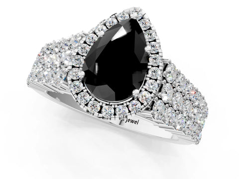 White gold Fancy Black Pear Cut Halo Pavé Diamond Engagement Ring with Split Shank and Four-Prong Setting_4