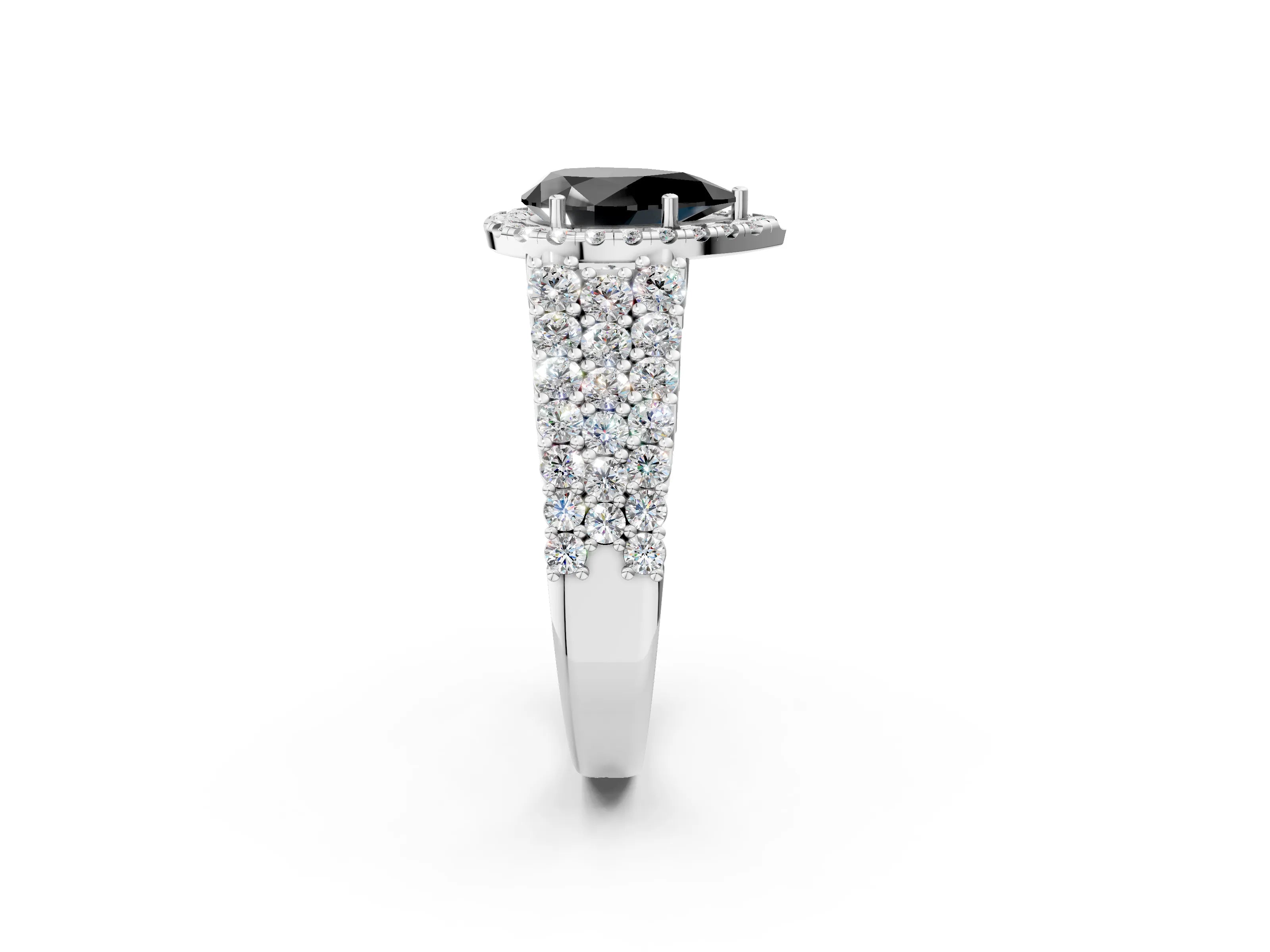 White gold Fancy Black Pear Cut Halo Pavé Diamond Engagement Ring with Split Shank and Four-Prong Setting_5