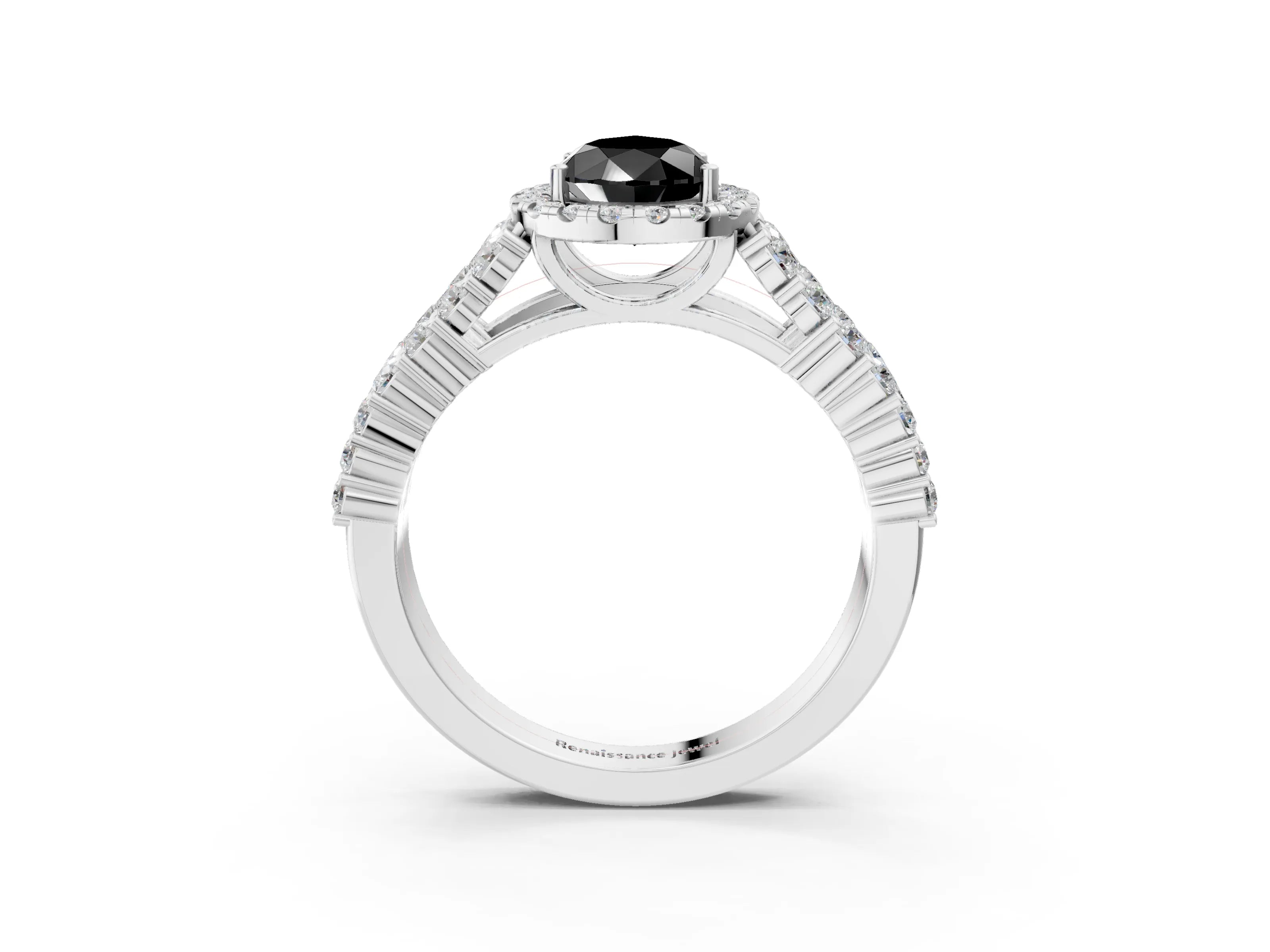 White gold Fancy Black Pear Cut Halo Pavé Diamond Engagement Ring with Split Shank and Four-Prong Setting_6