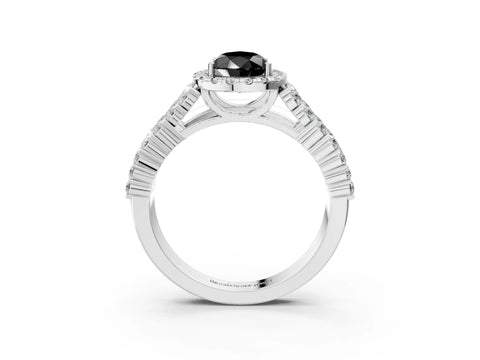 White gold Fancy Black Pear Cut Halo Pavé Diamond Engagement Ring with Split Shank and Four-Prong Setting_6