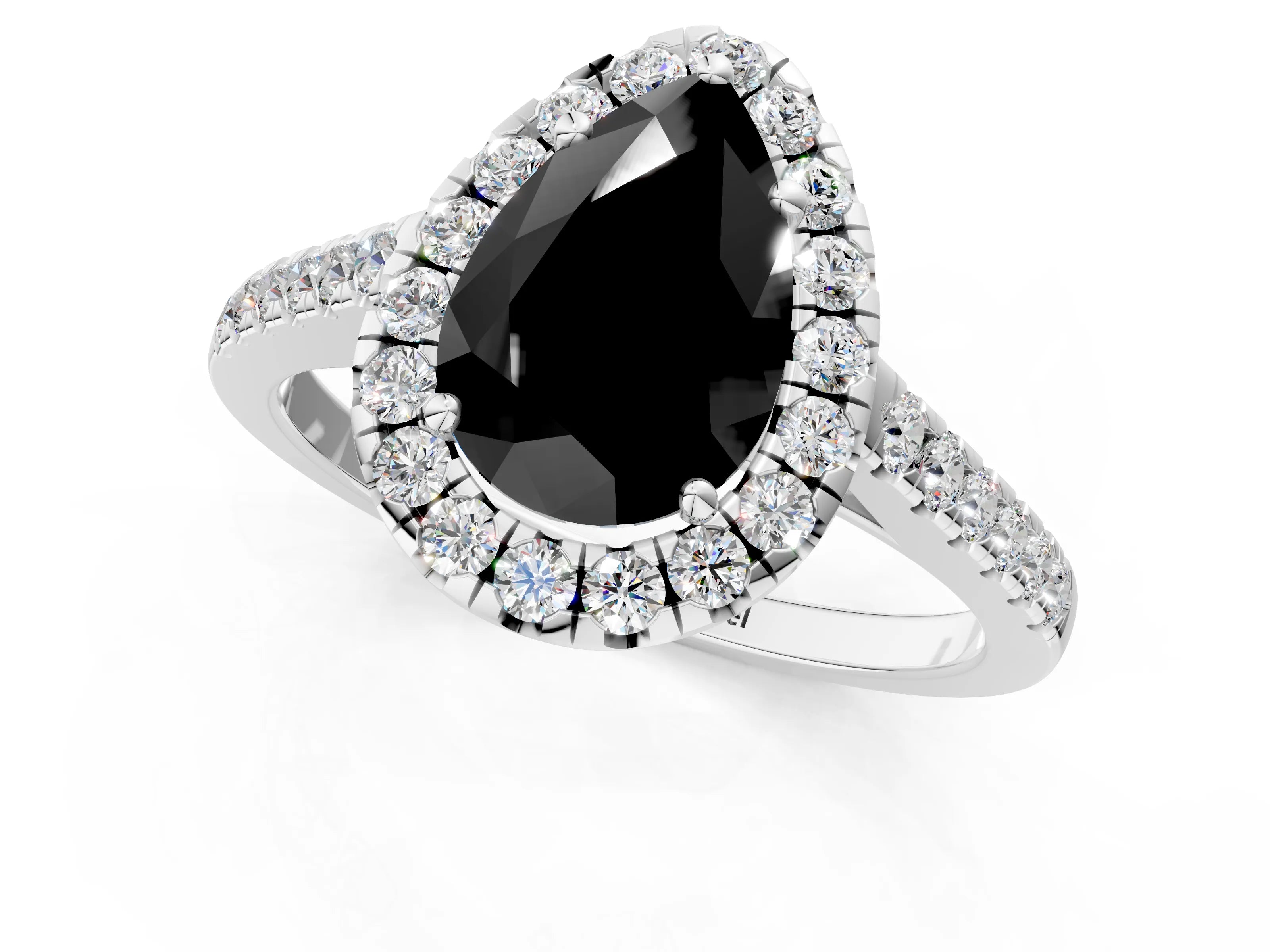 White gold Fancy Black Pear Cut Halo Pave Diamond Engagement Ring with Four-Prong Setting_49