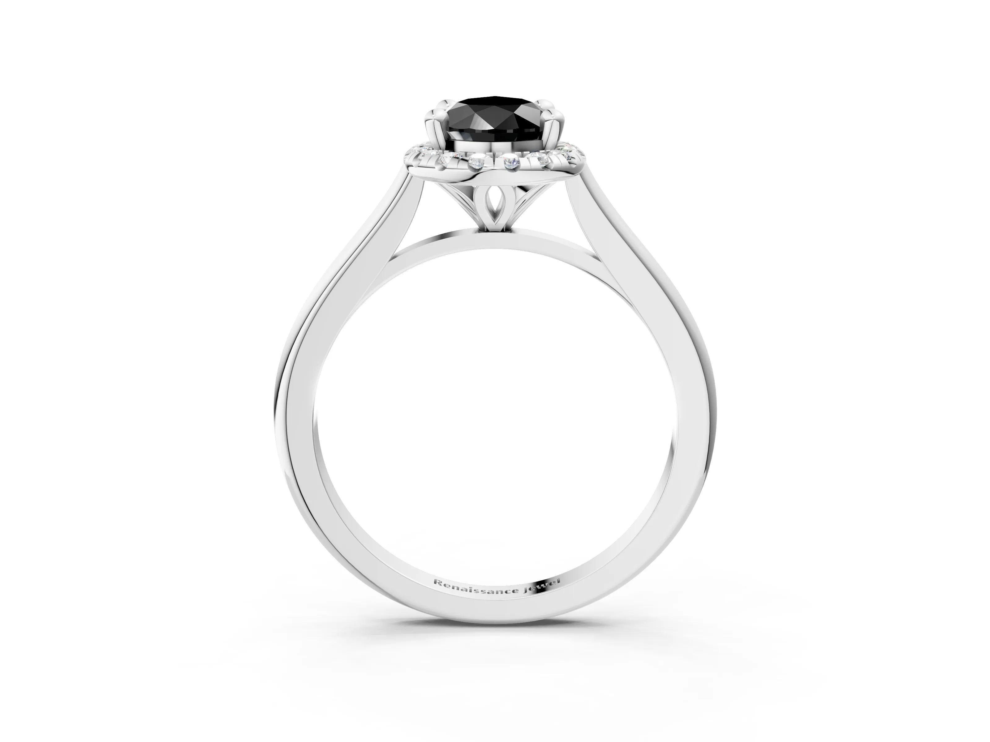 White gold Fancy Black Pear Cut Halo Round Diamond Solitaire Engagement Ring with Pave Band and Four-Prong Setting_15