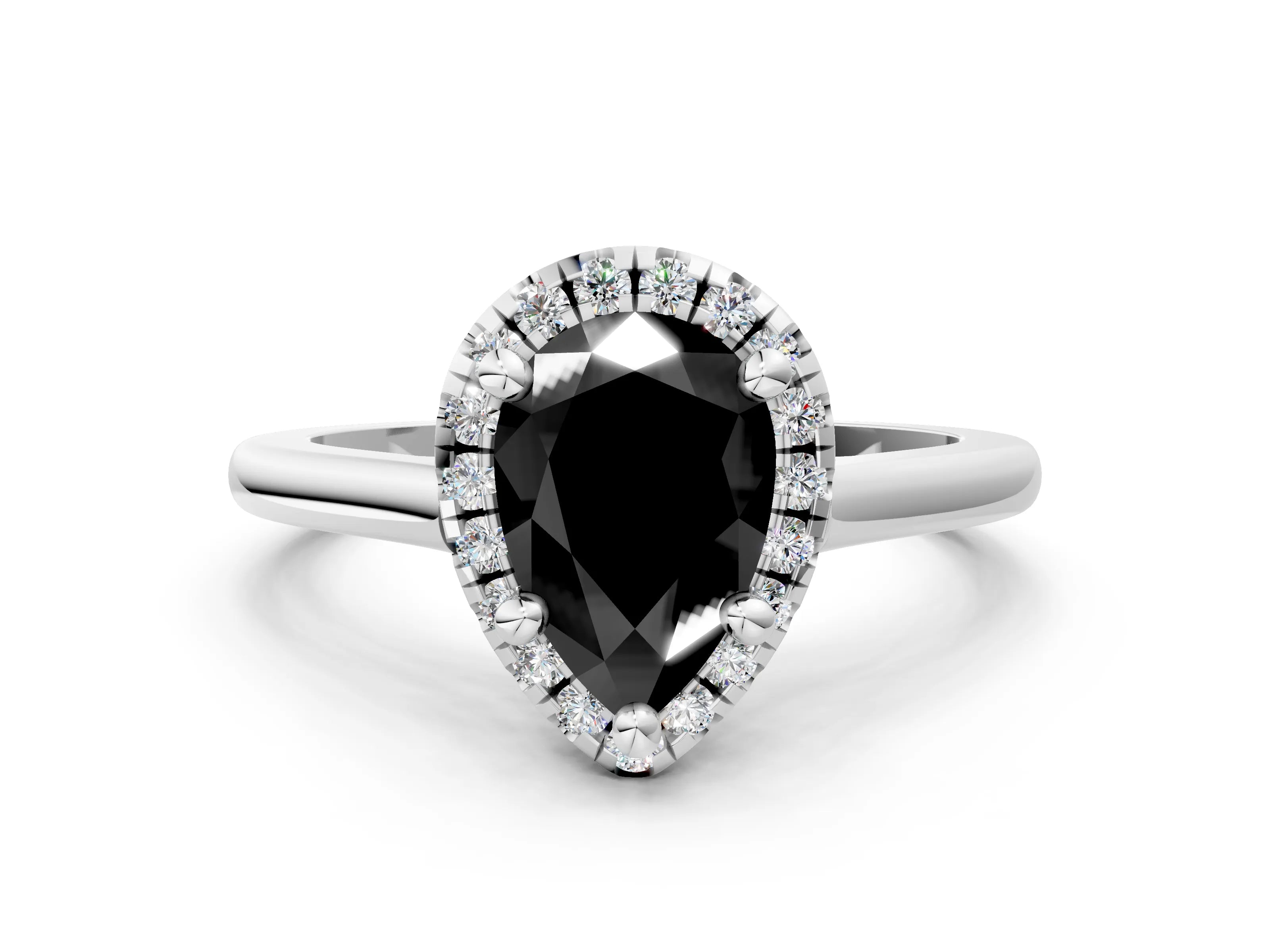 White gold Fancy Black Pear Cut Halo Round Diamond Solitaire Engagement Ring with Pave Band and Four-Prong Setting_24