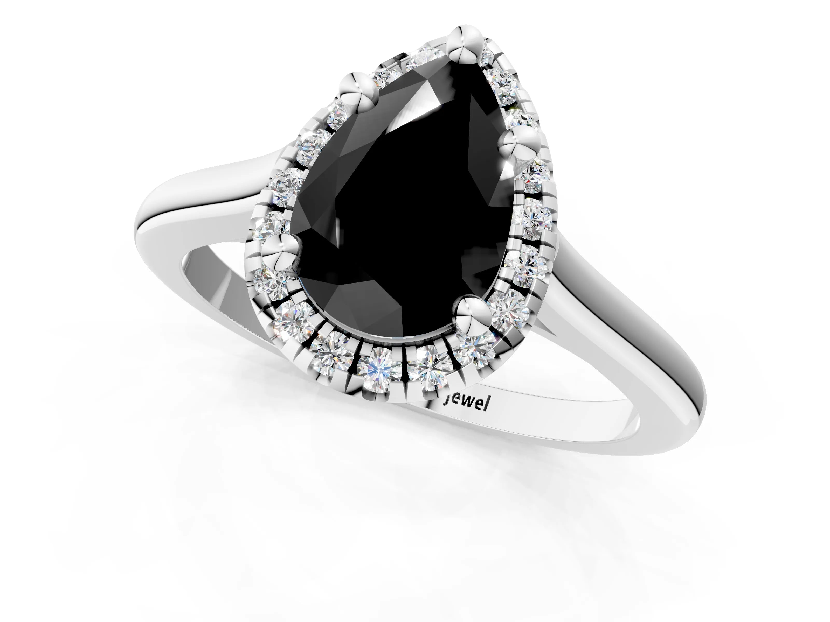 White gold Fancy Black Pear Cut Halo Round Diamond Solitaire Engagement Ring with Pave Band and Four-Prong Setting_25