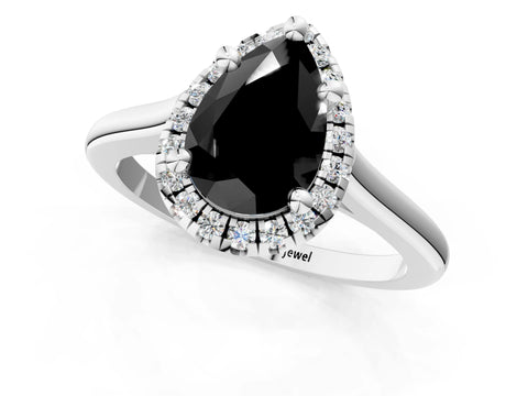 White gold Fancy Black Pear Cut Halo Round Diamond Solitaire Engagement Ring with Pave Band and Four-Prong Setting_25