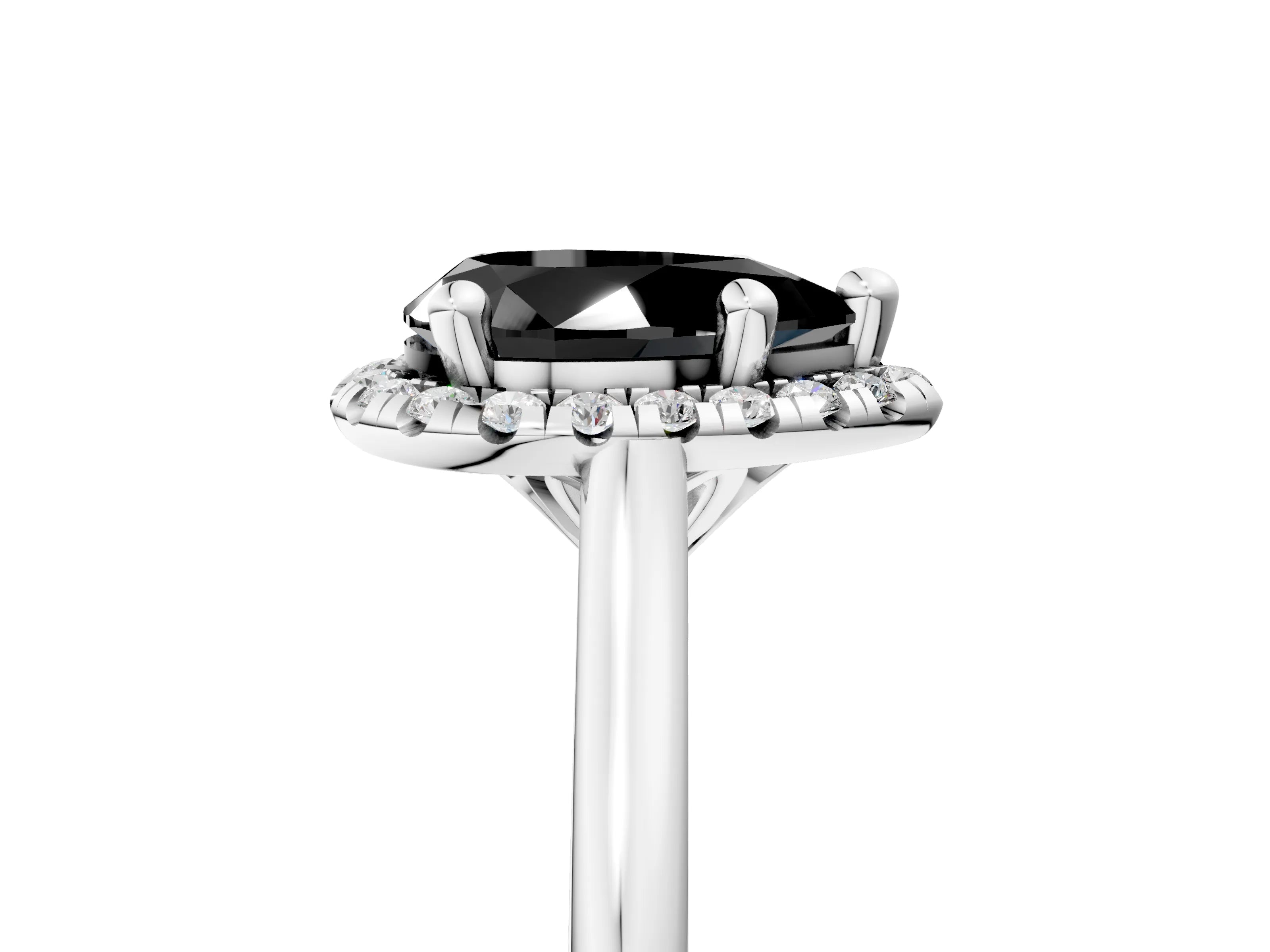 White gold Fancy Black Pear Cut Halo Round Diamond Solitaire Engagement Ring with Pave Band and Four-Prong Setting_29