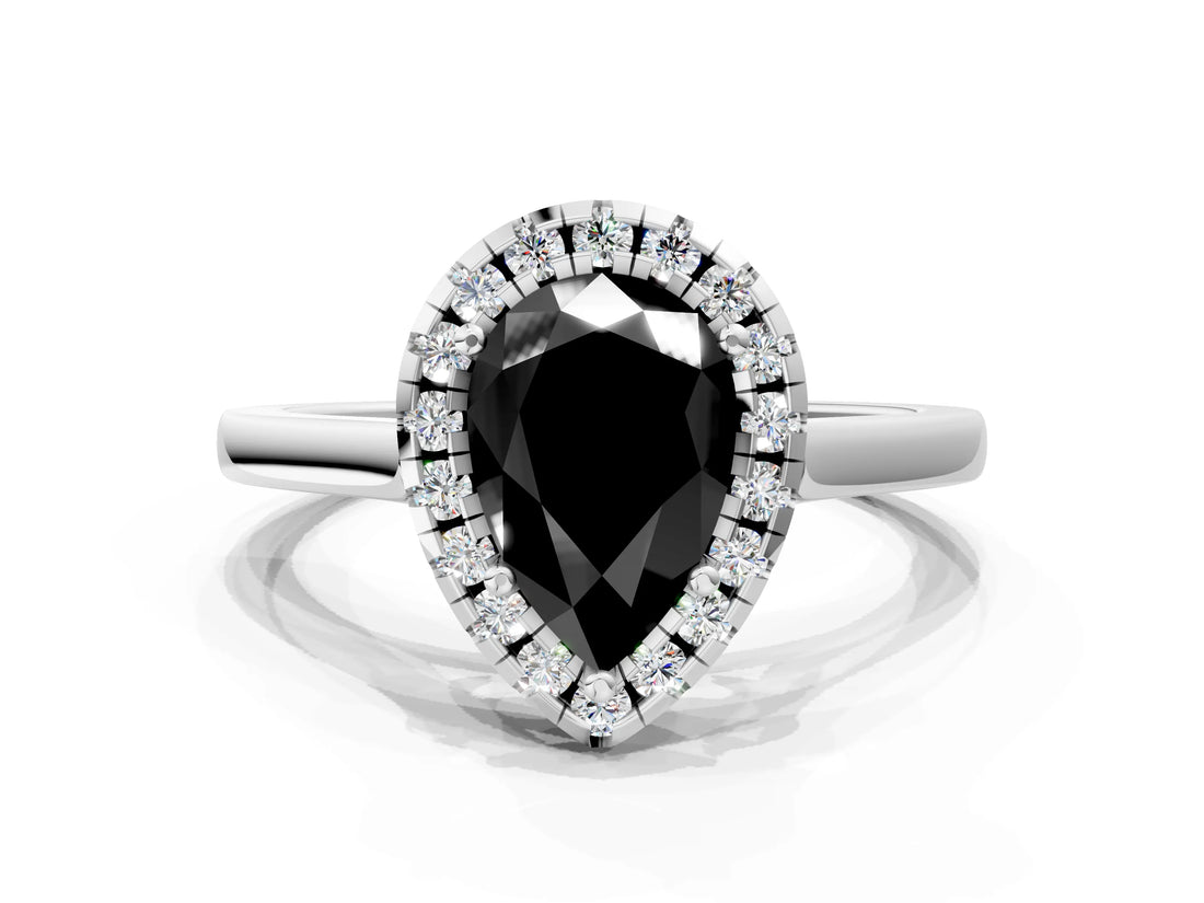 White gold Fancy Black Pear Cut Halo Round Diamond Solitaire Ring with Pavé Band and Four-Prong Setting_12