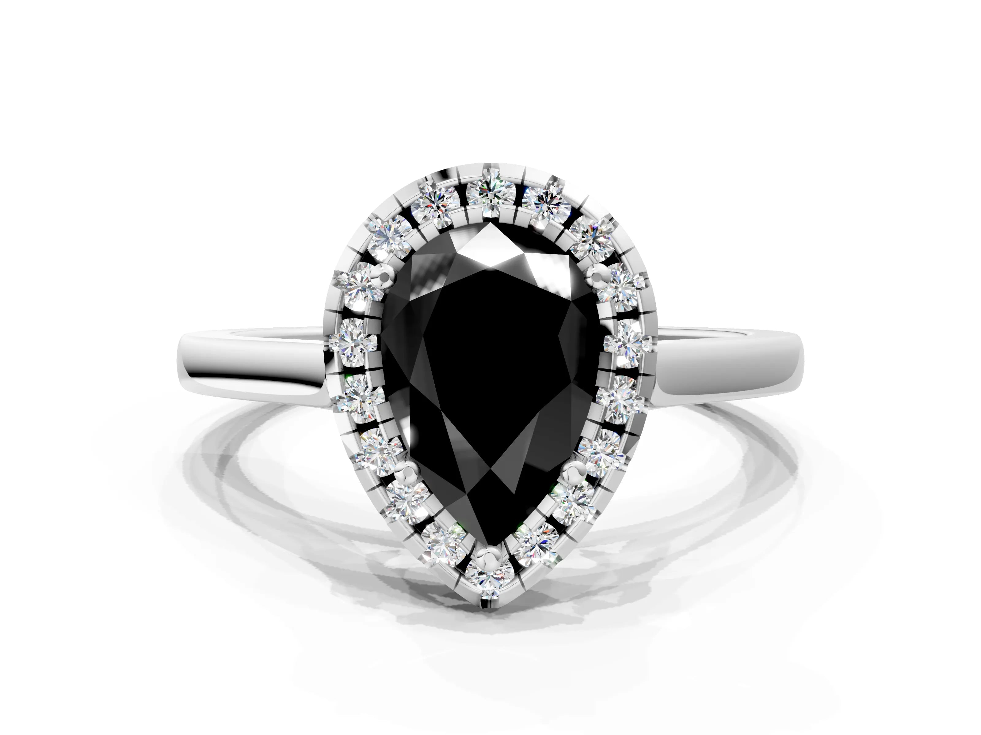 White gold Fancy Black Pear Cut Halo Round Diamond Solitaire Ring with Pavé Band and Four-Prong Setting_12