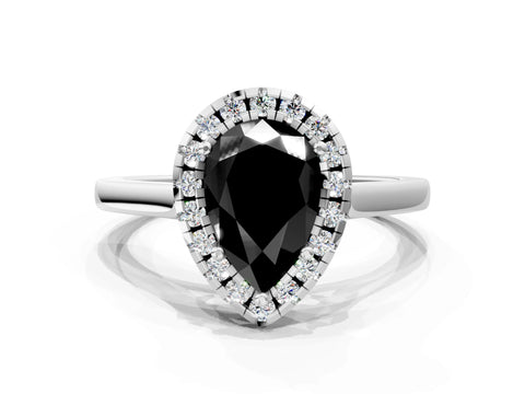 White gold Fancy Black Pear Cut Halo Round Diamond Solitaire Ring with Pavé Band and Four-Prong Setting_12