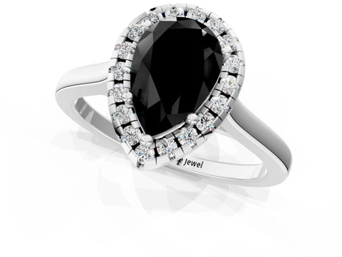 White gold Fancy Black Pear Cut Halo Round Diamond Solitaire Ring with Pavé Band and Four-Prong Setting_13