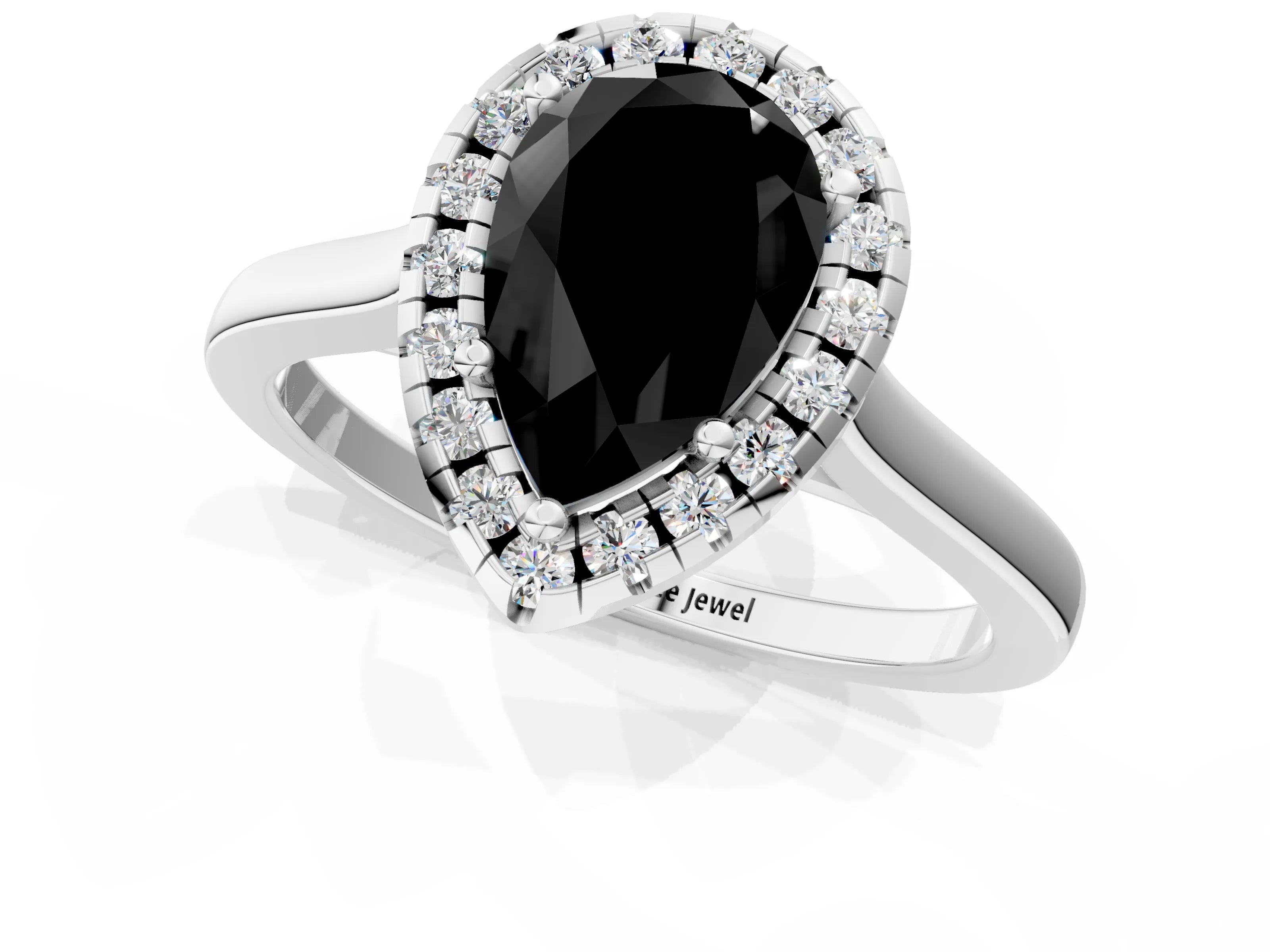 White gold Fancy Black Pear Cut Halo Round Diamond Solitaire Ring with Pavé Band and Four-Prong Setting_13