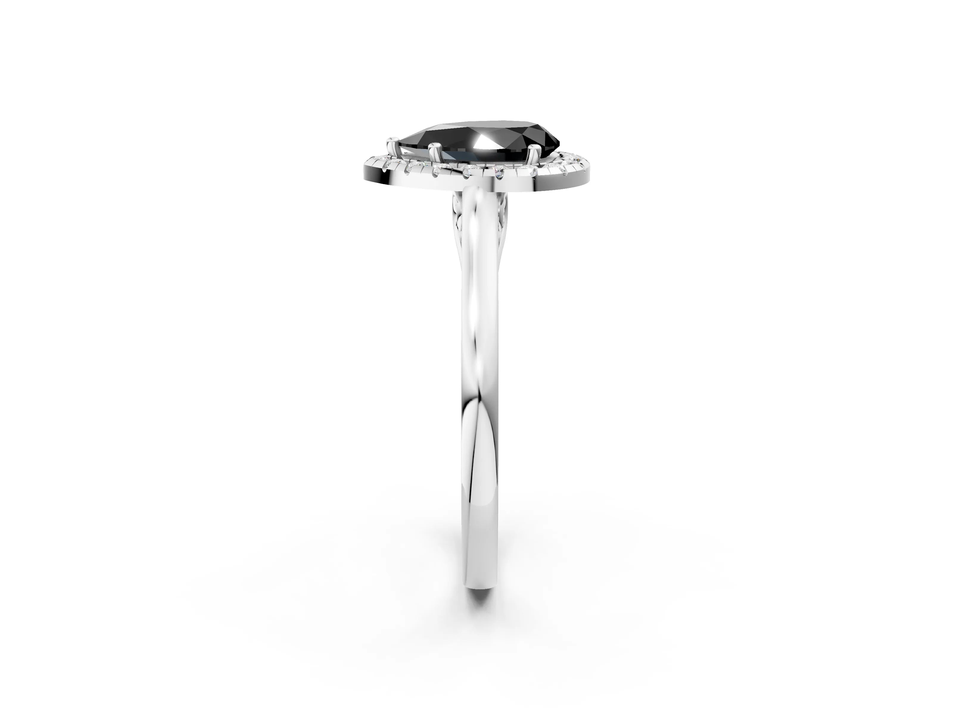 White gold Fancy Black Pear Cut Halo Round Diamond Solitaire Ring with Pavé Band and Four-Prong Setting_14