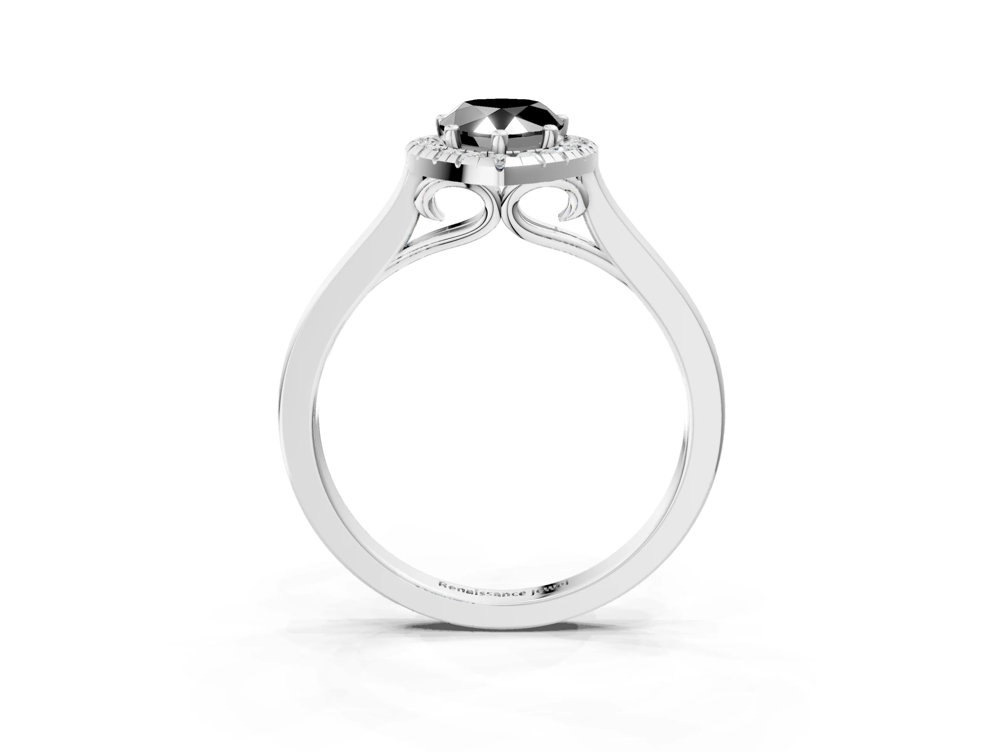 White gold Fancy Black Pear Cut Halo Round Diamond Solitaire Ring with Pavé Band and Four-Prong Setting_15