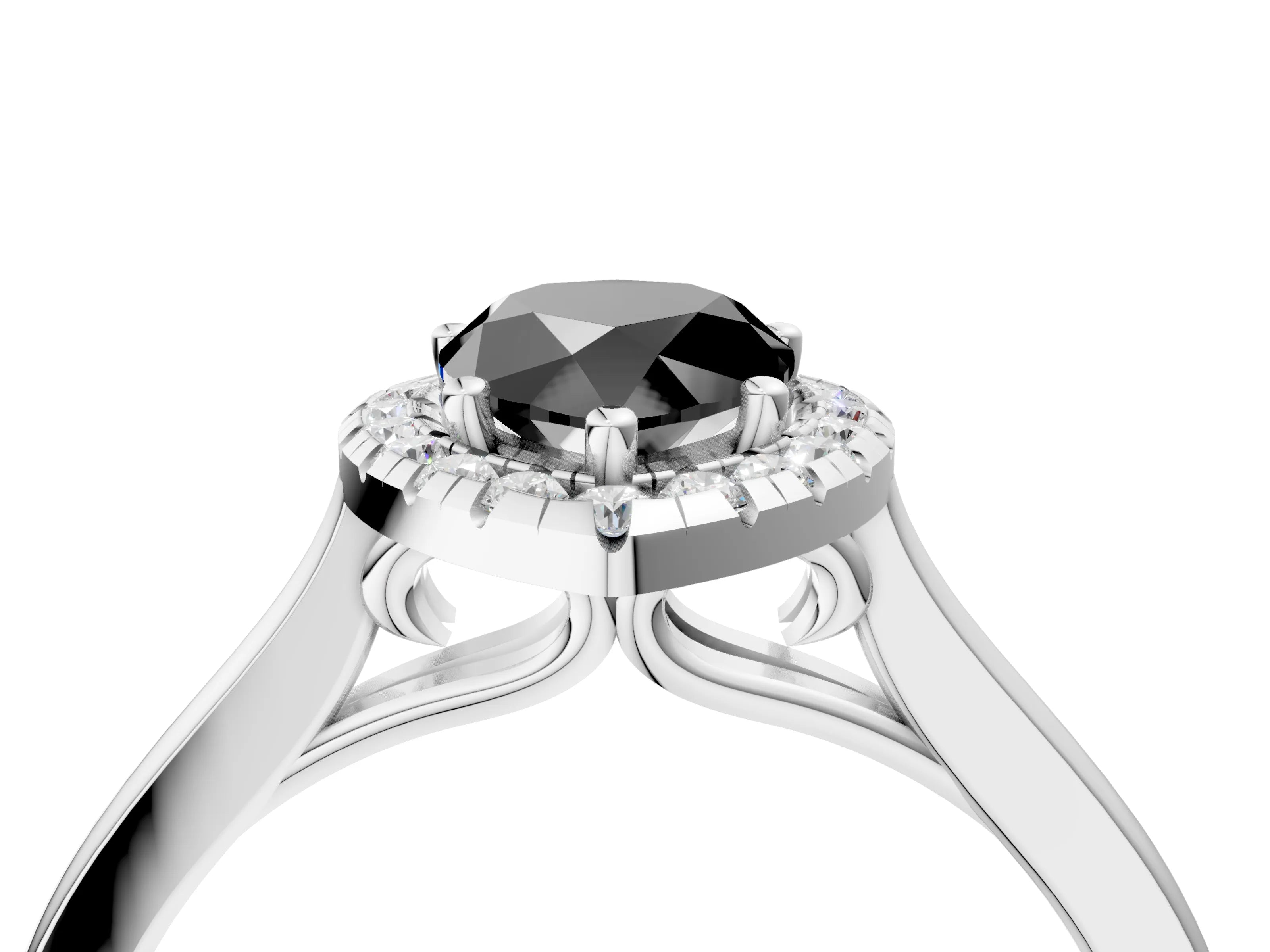 White gold Fancy Black Pear Cut Halo Round Diamond Solitaire Ring with Pavé Band and Four-Prong Setting_16