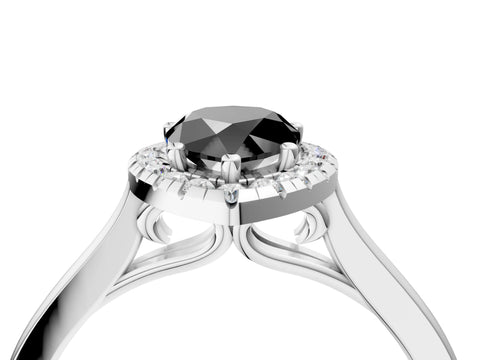 White gold Fancy Black Pear Cut Halo Round Diamond Solitaire Ring with Pavé Band and Four-Prong Setting_16
