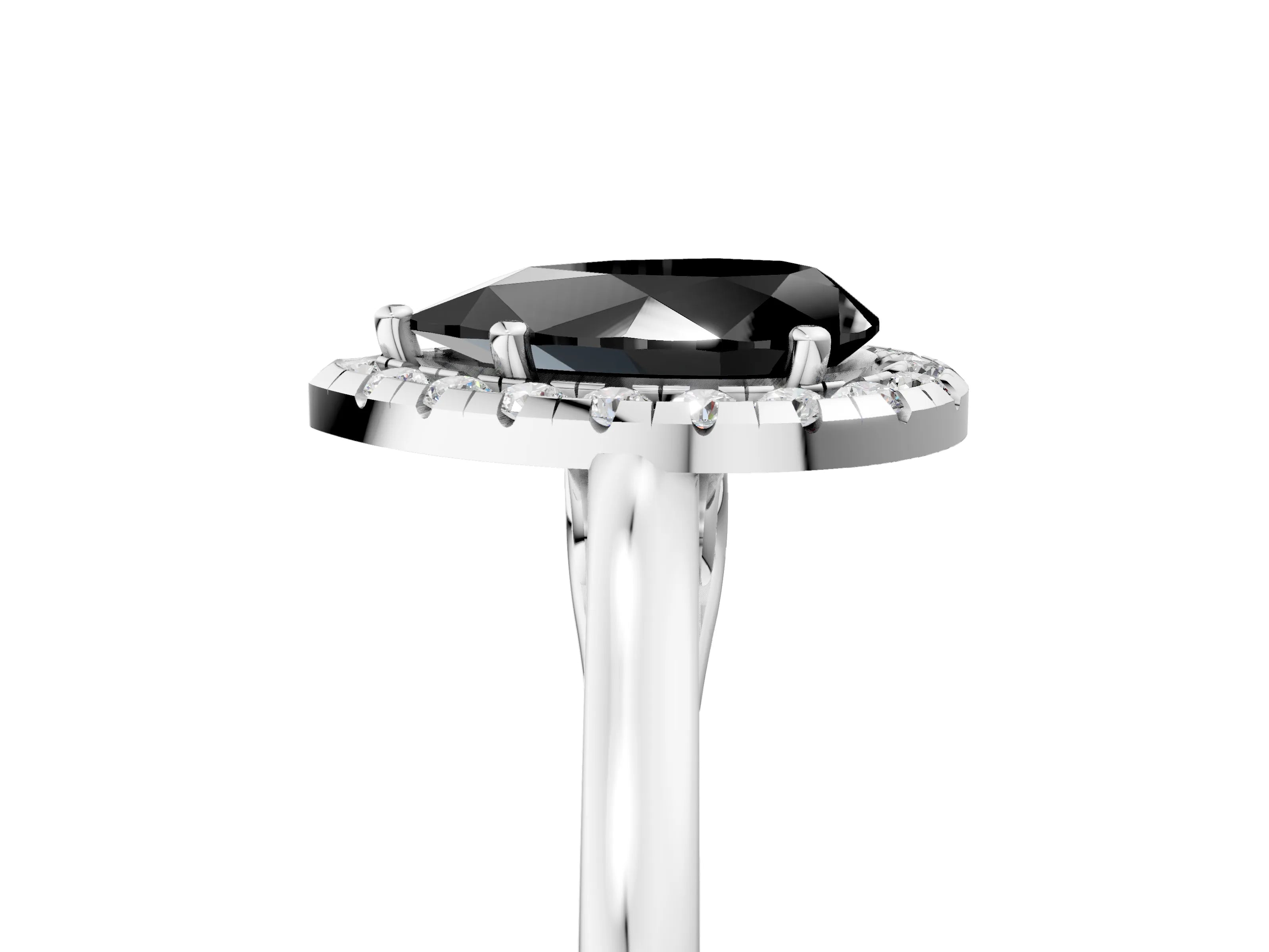 White gold Fancy Black Pear Cut Halo Round Diamond Solitaire Ring with Pavé Band and Four-Prong Setting_17